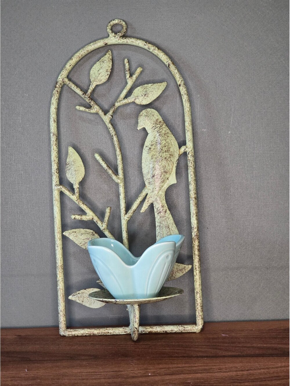 Vintage Metal Bird Wall Sconce Arched Plant Holder with Blue Cup